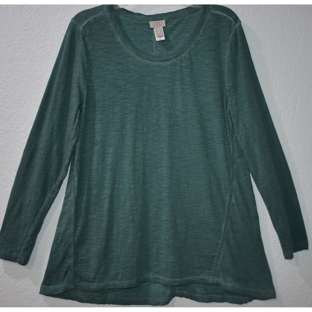 LOGO Lori Goldstein M Top Long Sleeve 100% Cotton Green Slub Exposed Hem Shirt